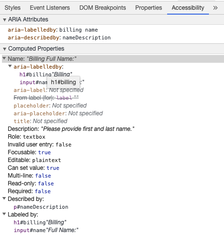 Инструменты разработчика Chrome показывают доступное для ввода имя с aria-labelledby и описание с aria-describedby